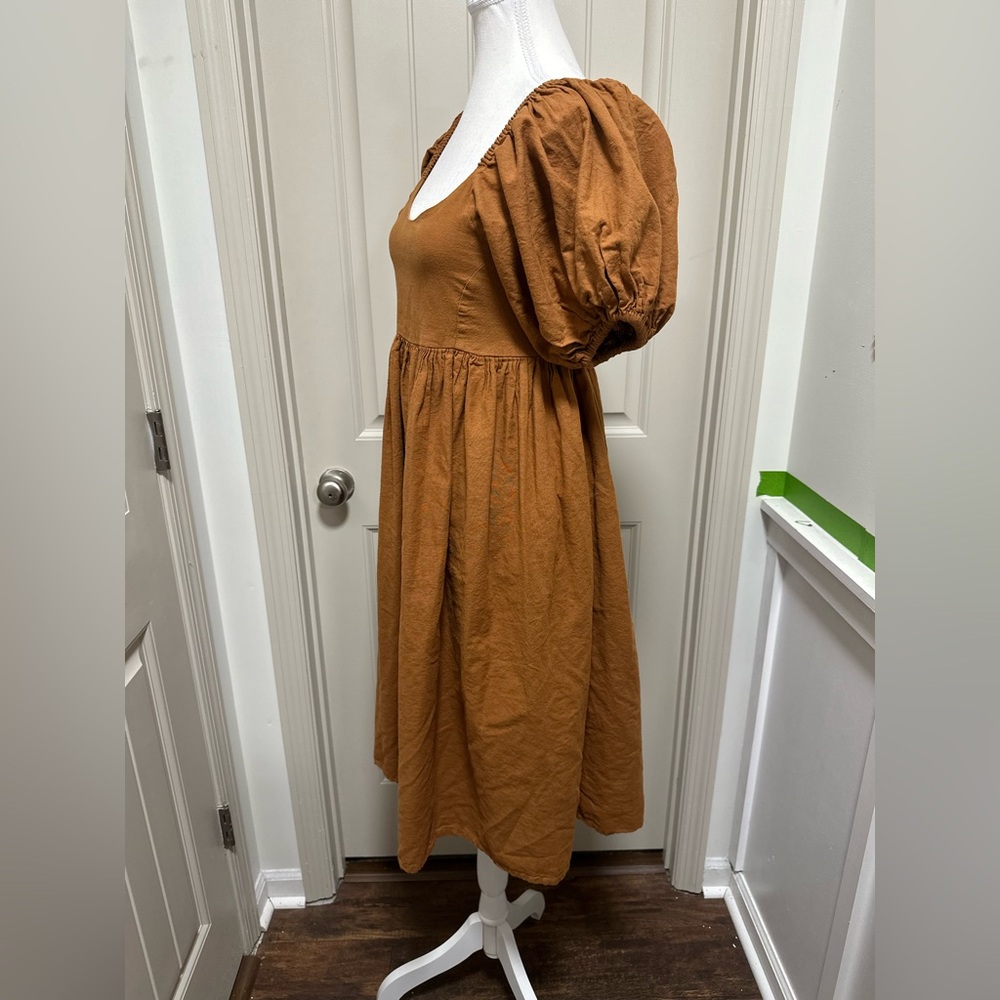 ELF 100% linen Brown Puff Sleeve Midi Dress - Picture 3 of 5